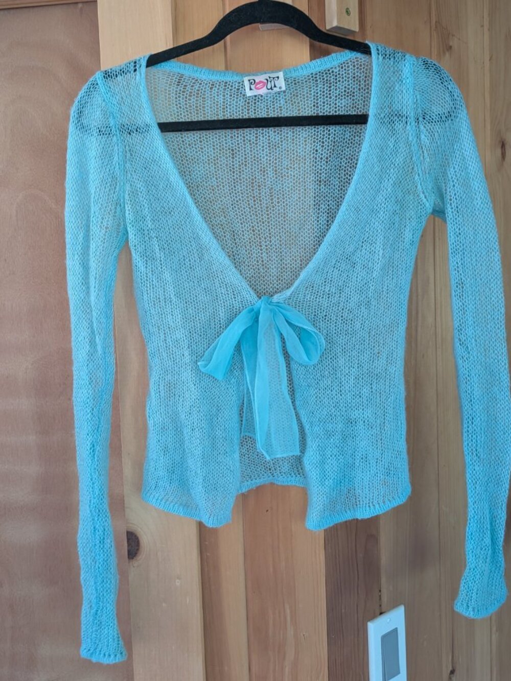 Y2K 00s Vintage Pout Powder Blue Tie Front Baby Doll Sweater Top Mohair Blend - Picture 2 of 10